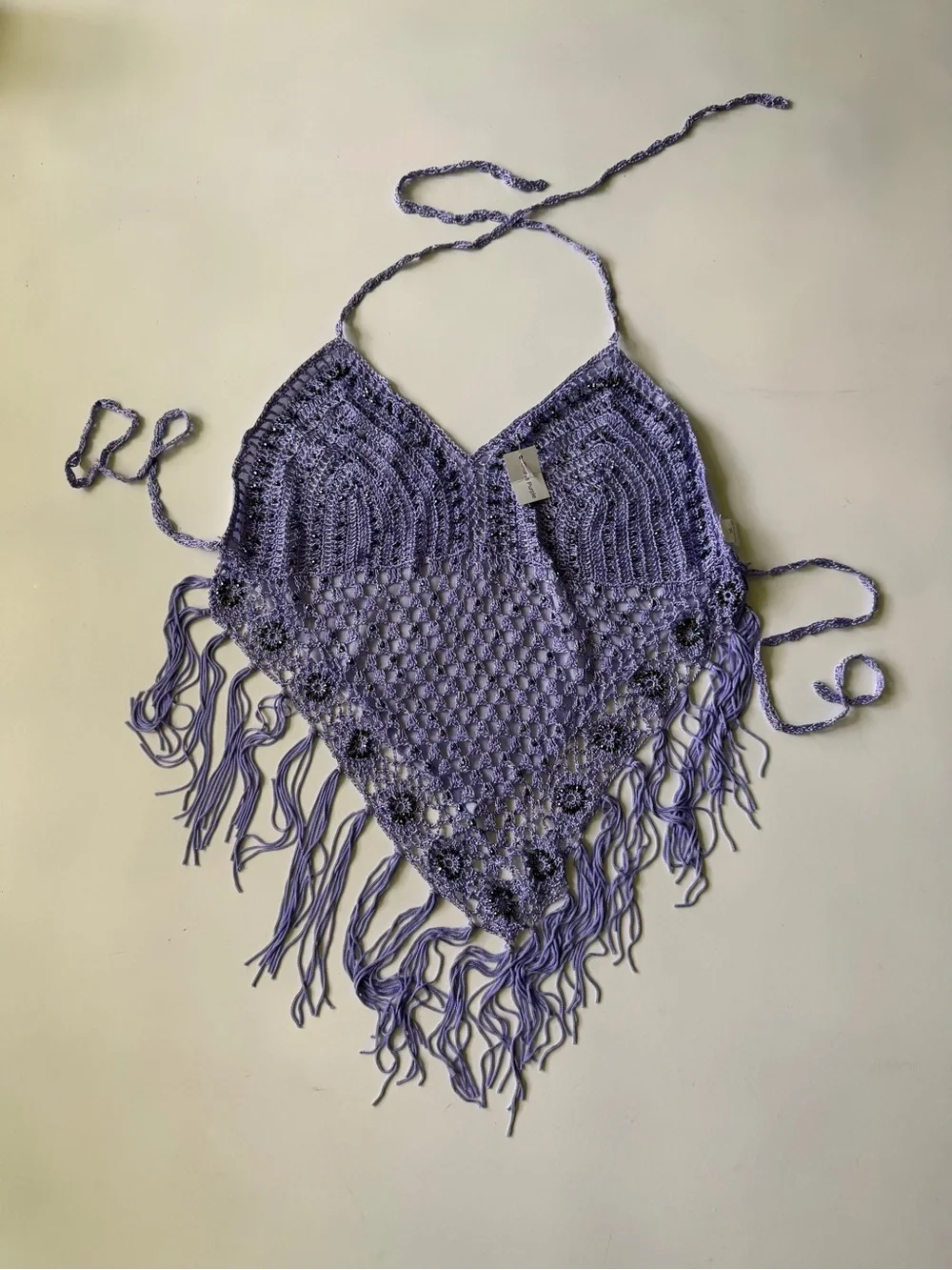 Lavender Crochet Halter Top Bankini Fringe Trim Tie Boho-chic Peasant M